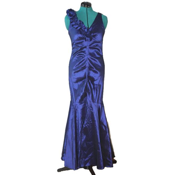 R&M Richards Petite 10P Cobalt Blue Rosette Strap Satin Evening Gown - Picture 1 of 4